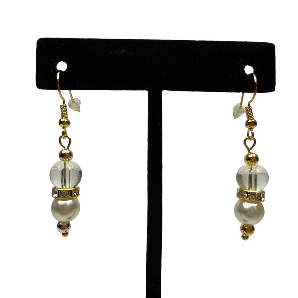 Faux Pearl Rhinestone Cluster Dangle Drop Earrings Gold Tone Glass Bead Jewelry